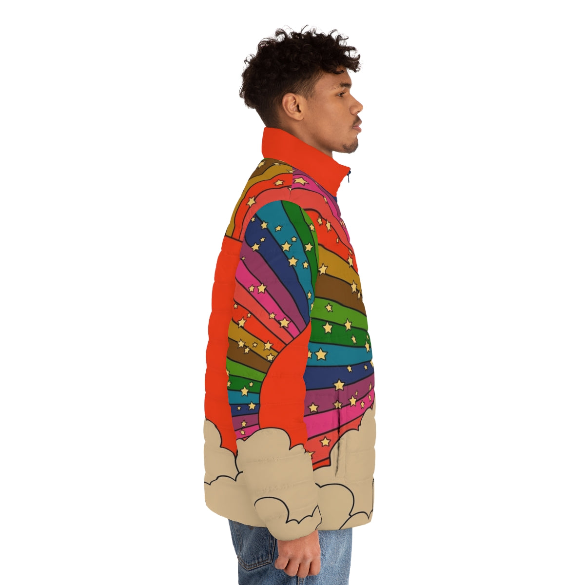 Vibrant rainbow-colored puffer jacket with a 70s groovy style - men side right