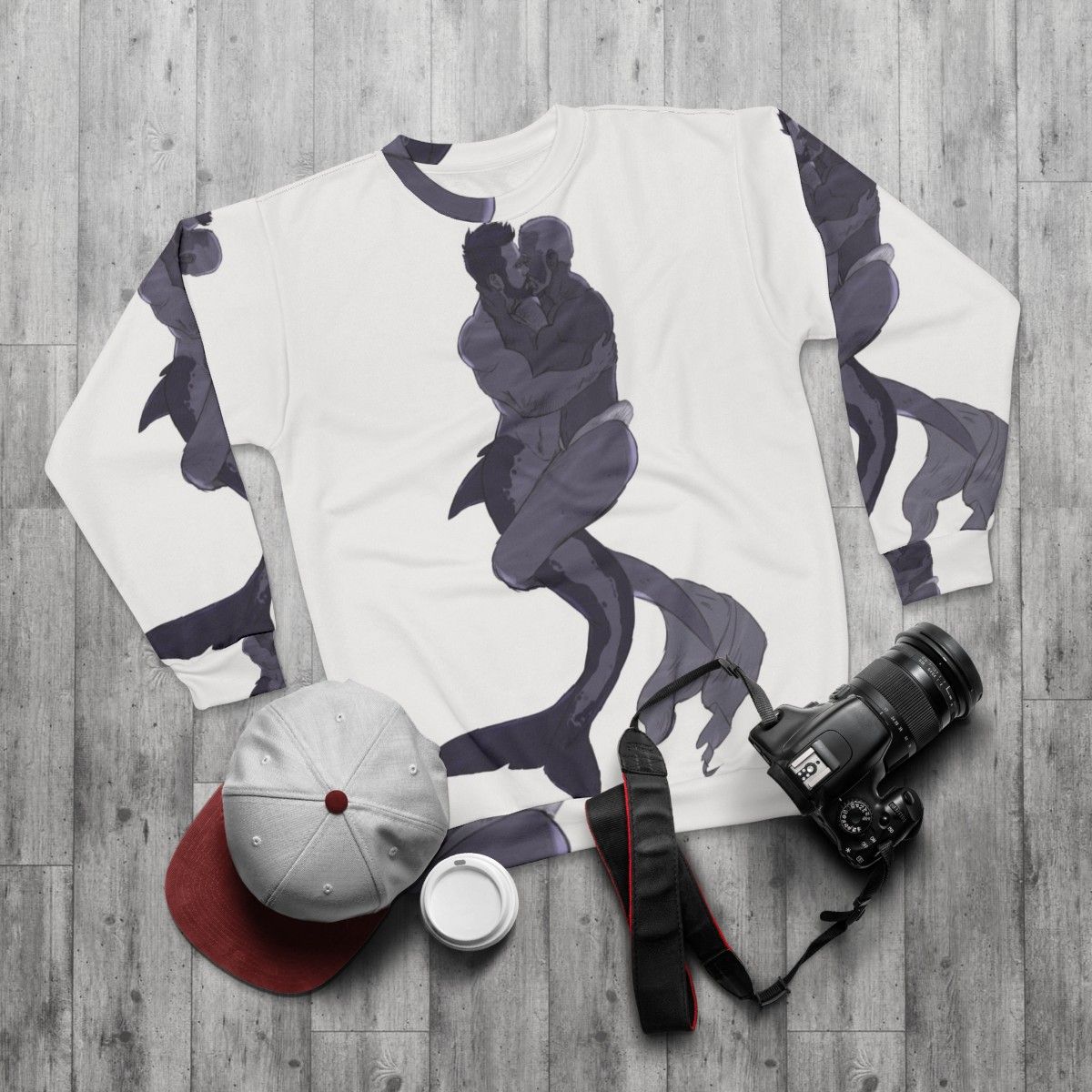 "Mermen in Love LGBTQ Sweatshirt featuring two muscular mermen embracing" - flat lay