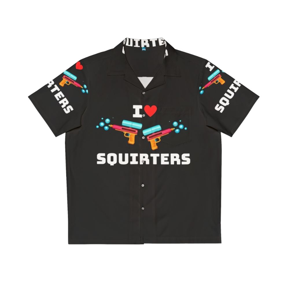 Colorful Hawaiian shirt with a quirky 'I Love Squirters' design featuring a playful squirrel