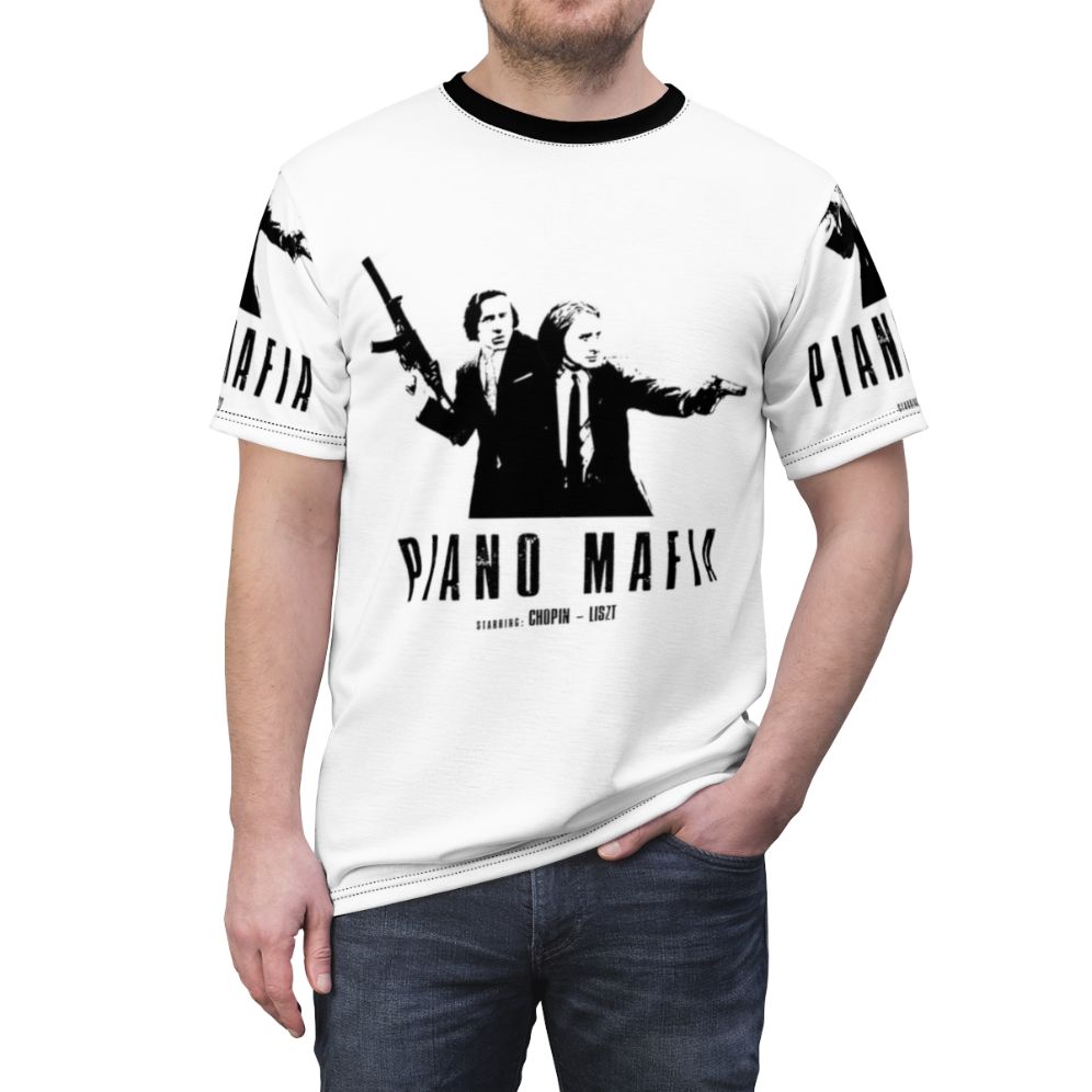 A stylish t-shirt featuring an artistic piano keyboard design with the names of famous classical composers and pianists. - men front