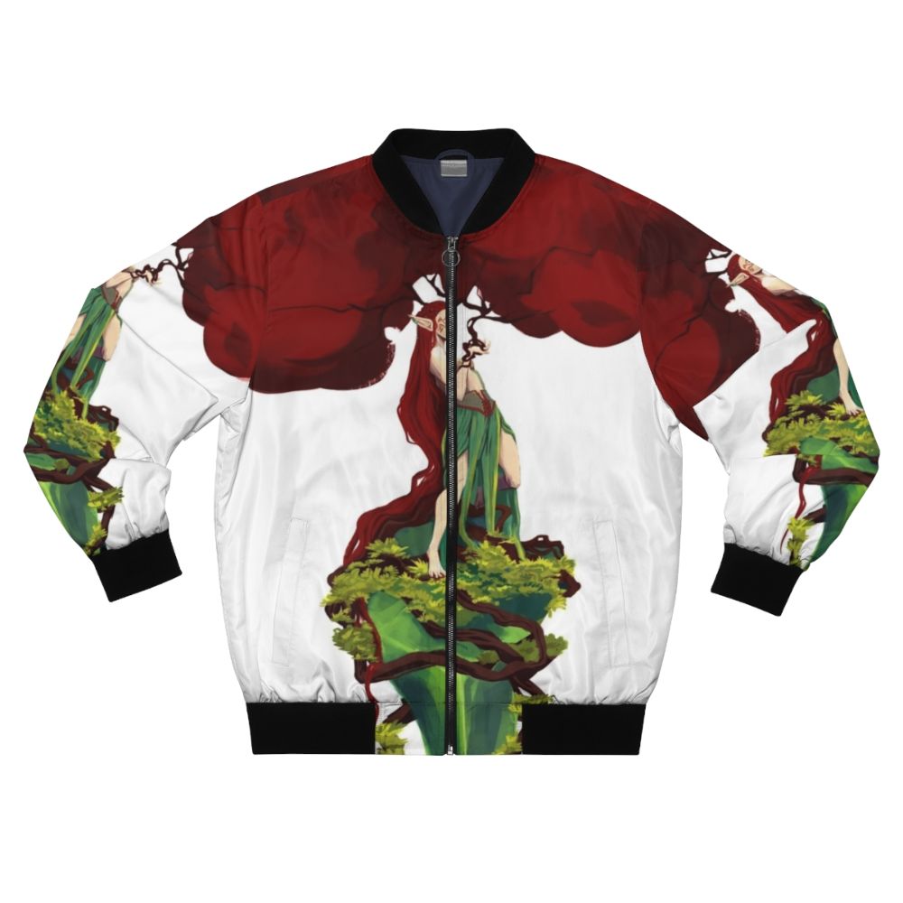 Red bomber jacket with a tree print design