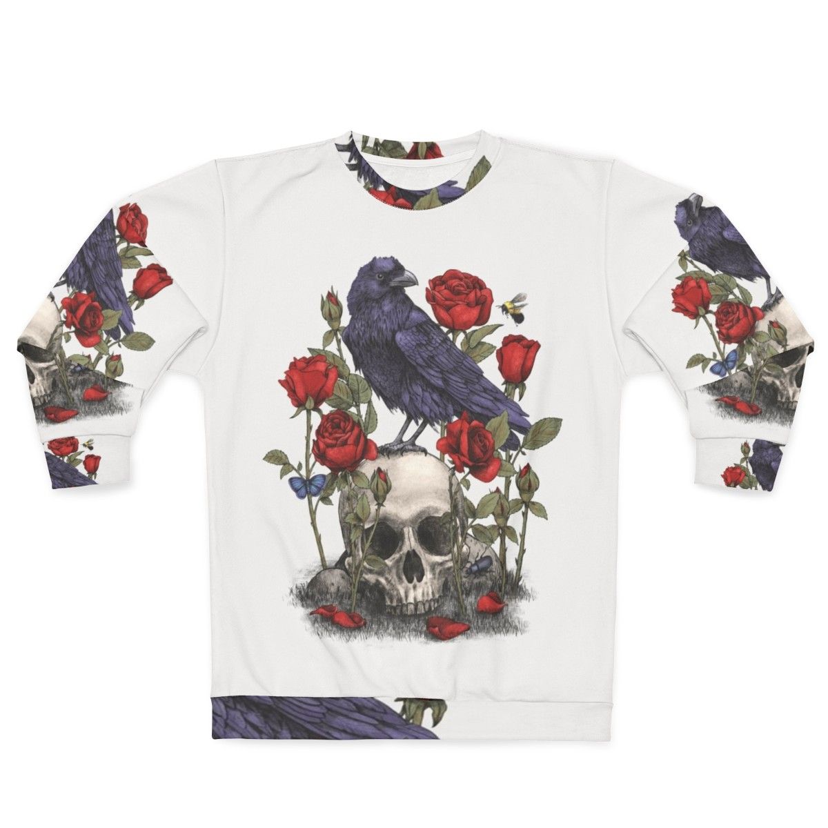 Memento Mori Sweatshirt with Raven, Skull, and Floral Graphic