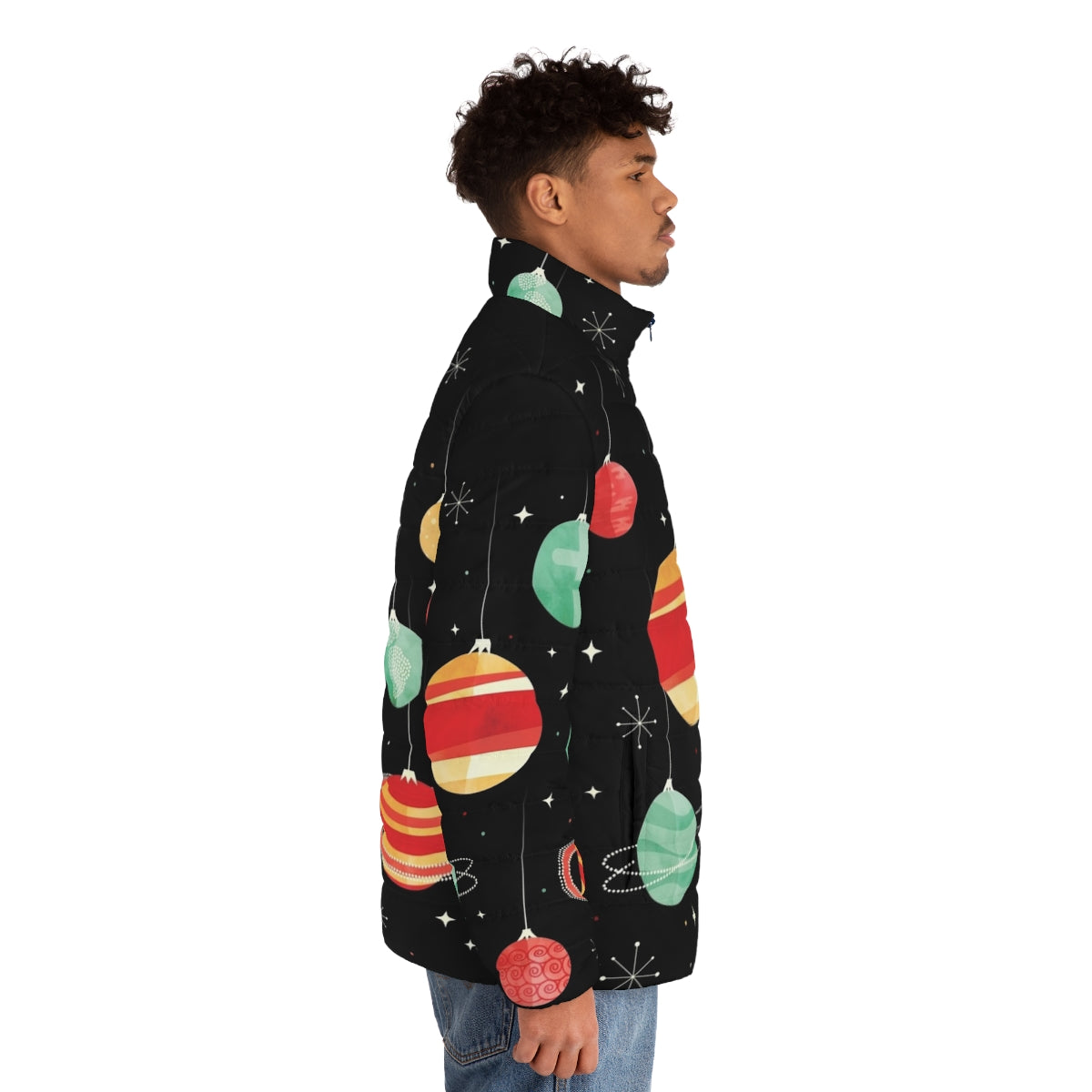 Puffer jacket with a vintage, celestial design featuring planets, stars, and the solar system - men side right