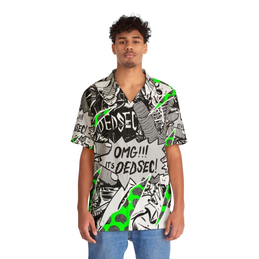 Dedsec Hawaiian Shirt featuring the iconic Dedsec logo and symbols - People Front