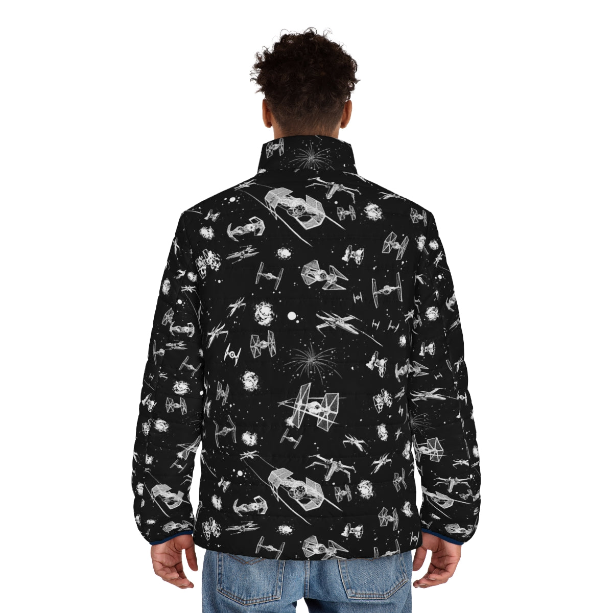 Intergalactic space battle puffer jacket with spaceship and star pattern - men back