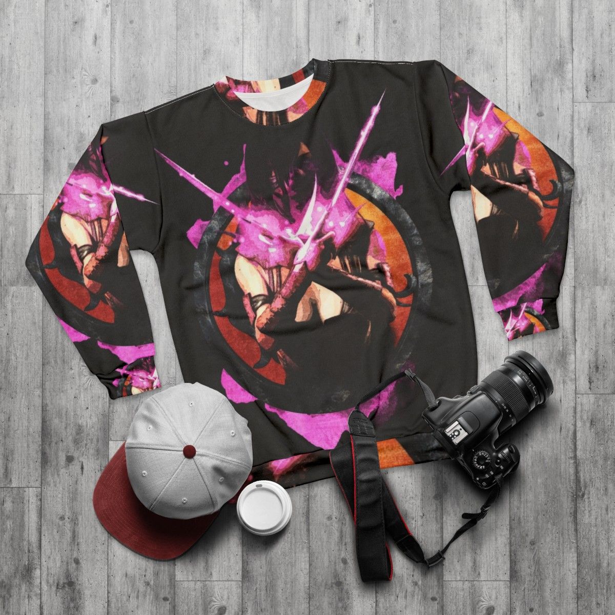 Mileena from Mortal Kombat fighting game character portrait on pink grunge sweatshirt - flat lay