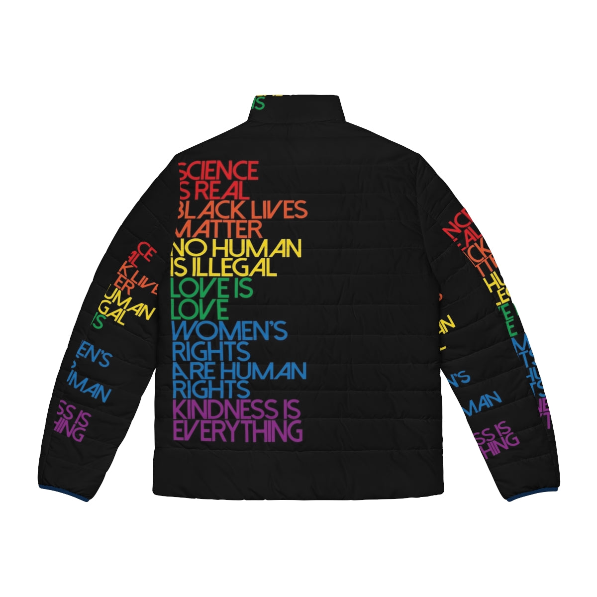 Women's black puffer jacket with "Science Is Real Black Lives Matter" text - Back