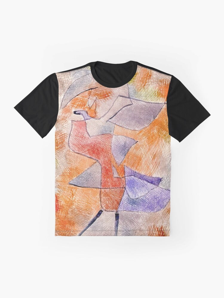 Graphic t-shirt featuring Paul Klee's "Red Balloon" cubist art design - Flat lay