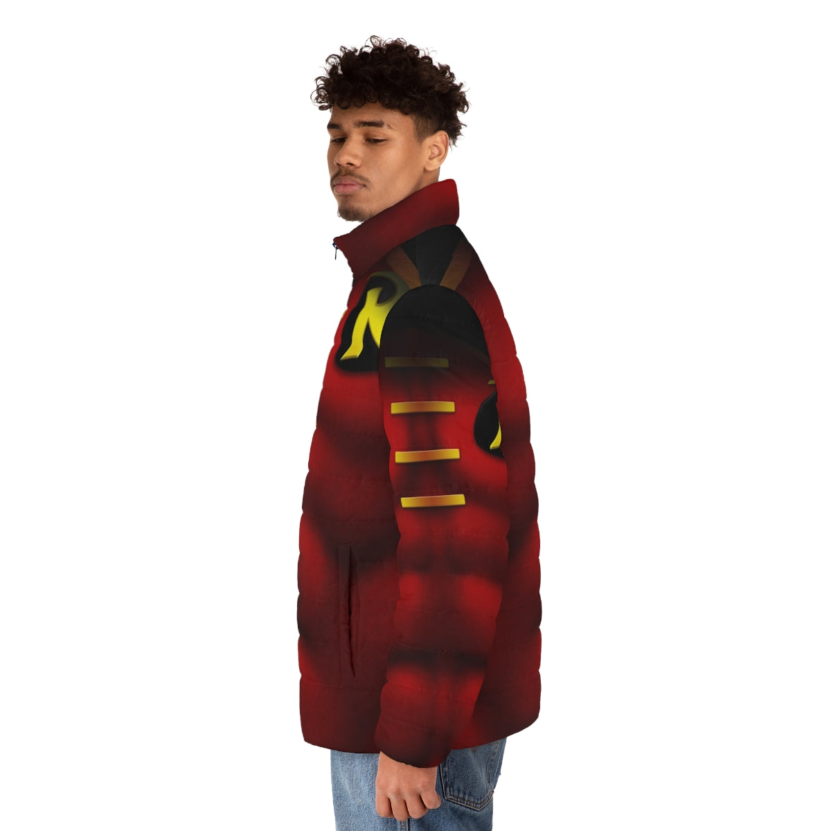 A vibrant puffer jacket featuring a superhero art design of the iconic character Red Robin. - men side left