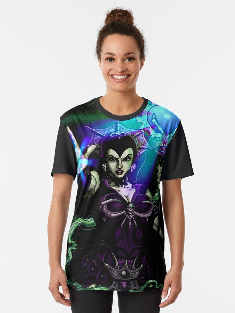 A dark and powerful graphic t-shirt featuring Evil Lyn, the iconic character from the He-Man universe. - Women