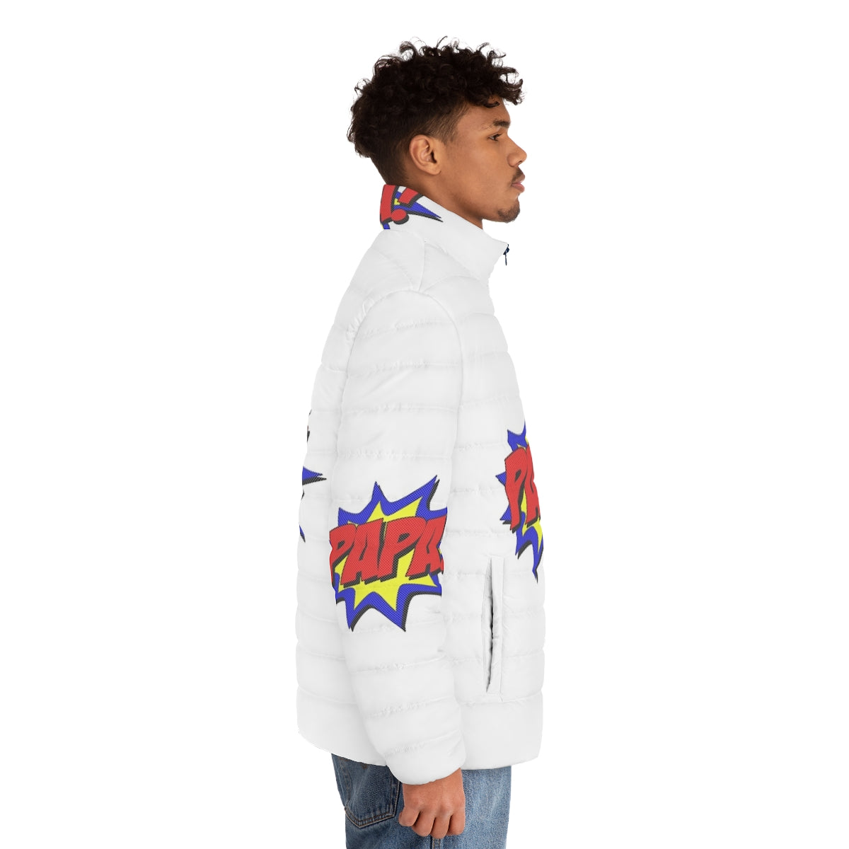 Superhero Papa Puffer Jacket - Stylish and Cozy Superhero Dad Outfit - men side right