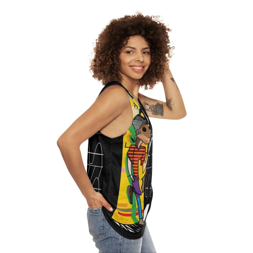 Colorful unisex tank top with pop art "The Trickster" design - women side