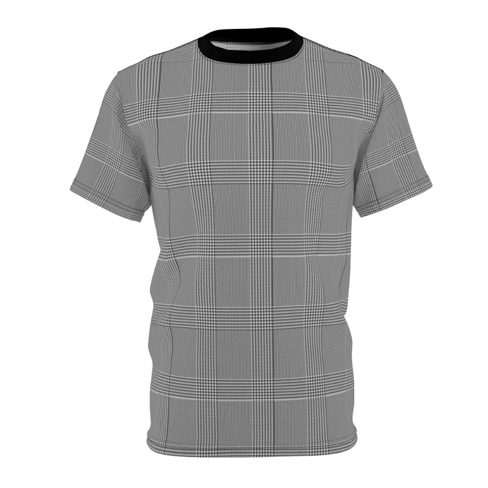 Model wearing a sophisticated glen plaid t-shirt for a classic, business-casual look.