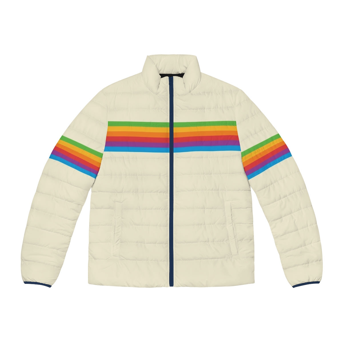 Retro colorful puffer jacket with an Apple rainbow design