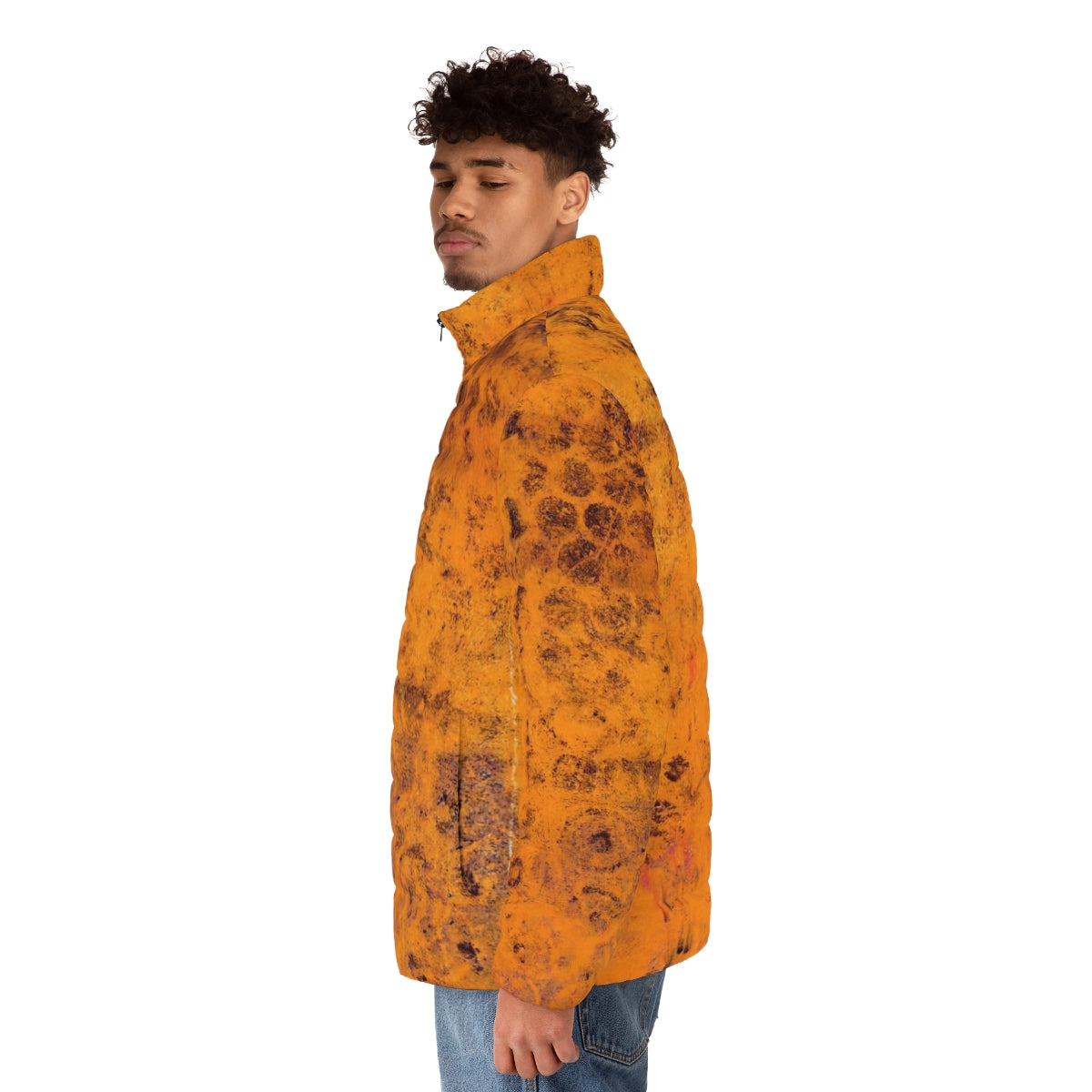 Colorful autumn foliage puffer jacket with abstract, hand-painted design - men side left