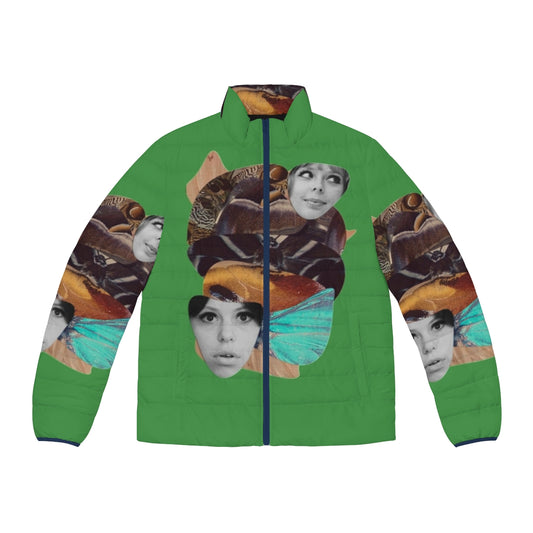 Women's puffer jacket with collage design inspired by Czech filmmaker Vera Chytilova's experimental film Sedmikrasky