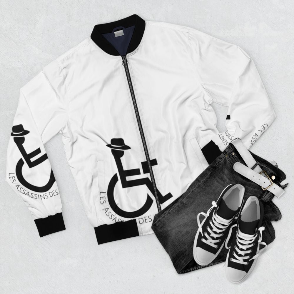 Infinite Jest Bomber Jacket with Assassins des Fauteuils Rollents Design - Flat lay