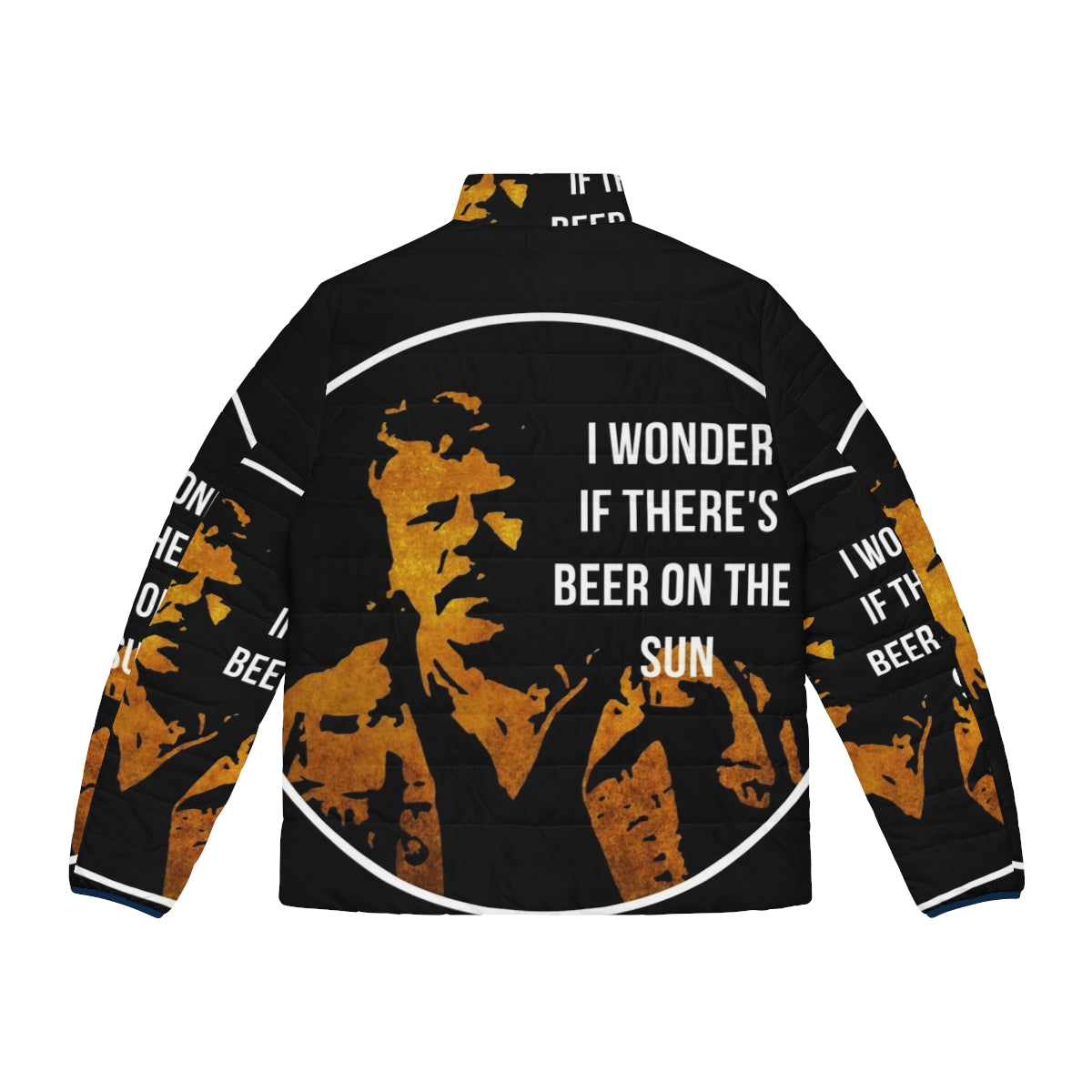 A puffer jacket featuring the iconic "Zap Rowsdower" beer quote from the cult classic film "The Final Sacrifice" - Back