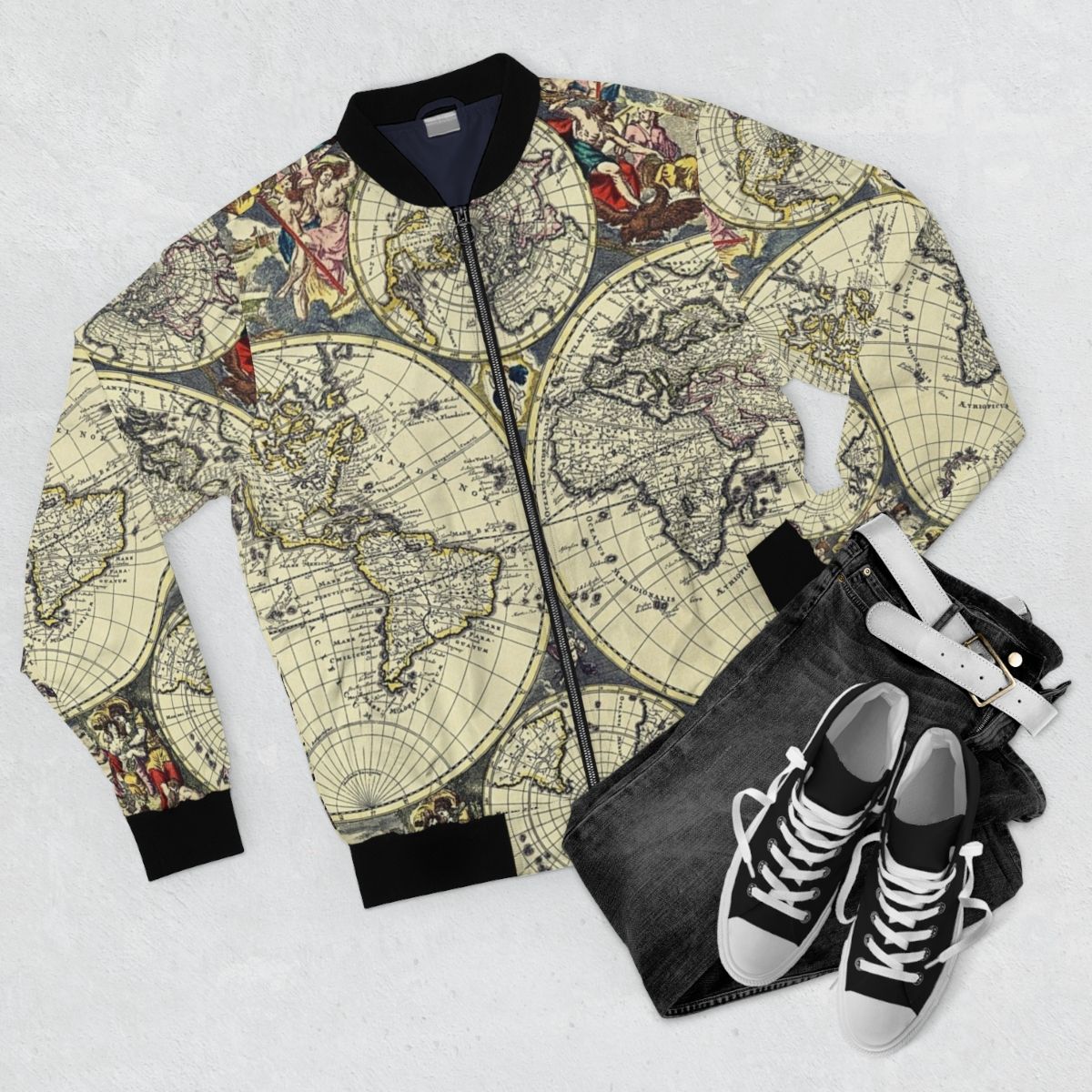 Vintage world map bomber jacket with antique cartography design - Flat lay