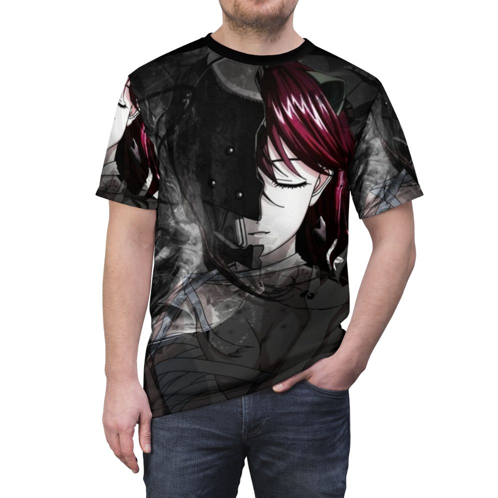 Elfen Lied inspired anime t-shirt featuring a kawaii anime girl character in a horror-themed graphic design - men front