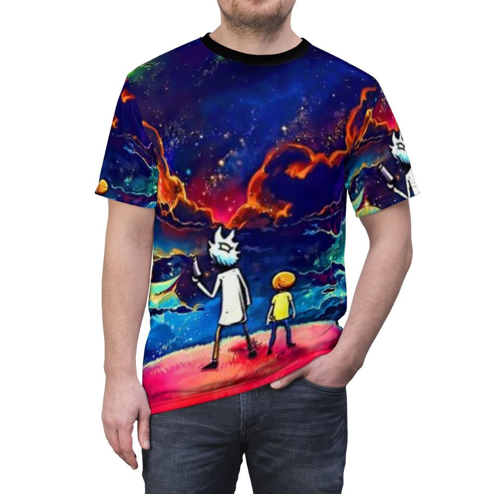 A colorful, all-over-print t-shirt featuring a design inspired by the popular adult cartoon series "Rick and Morty". - men front