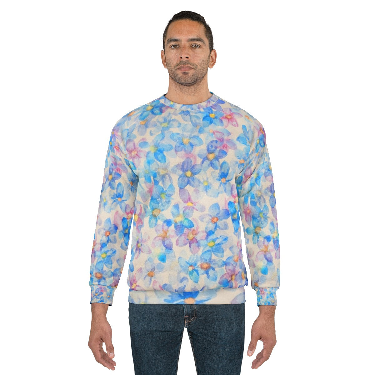 Blue watercolor flower buds painting on sweatshirt - men