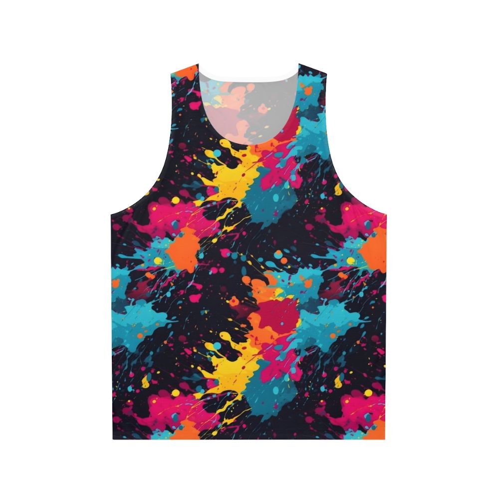 Colorful paint splatter design on a unisex tank top