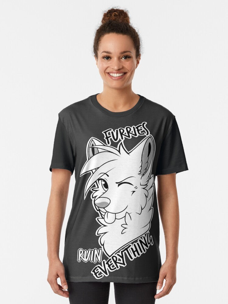 Graphic t-shirt with the text "Furries Ruin Everything" in a bold, humorous font - Women