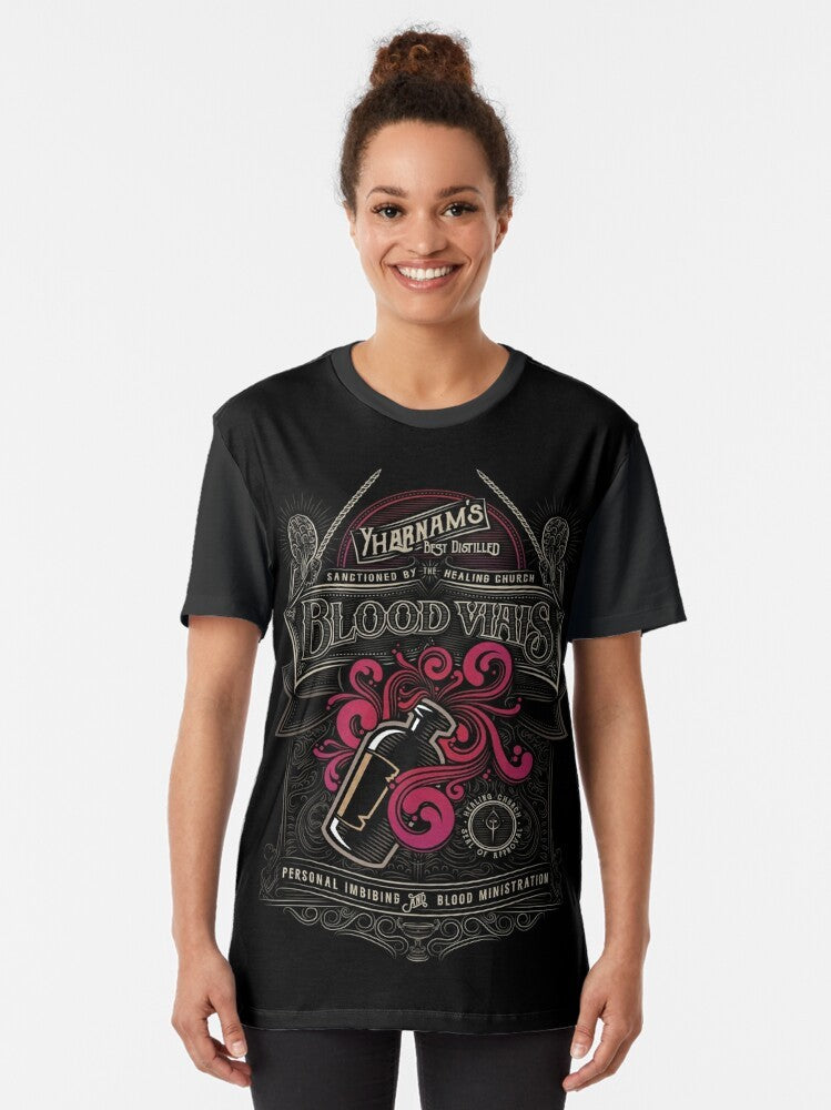 Bloodborne-inspired graphic t-shirt featuring Yharnam's blood vials - Women