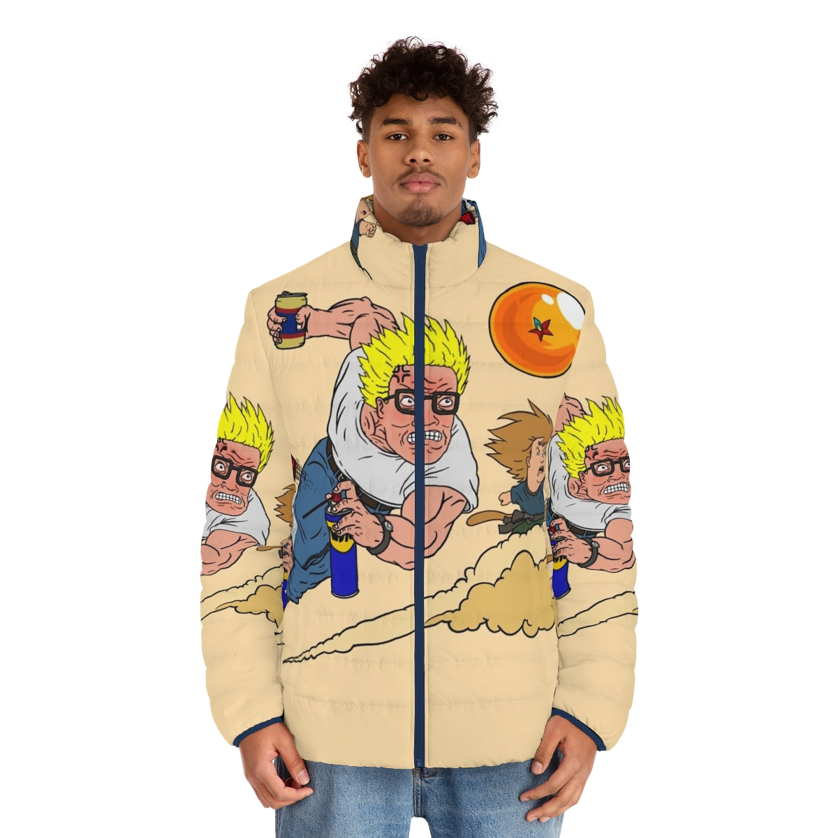 King of the Z Anime Puffer Jacket with Hank Hill and Dragon Ball Inspired Graphics - men front