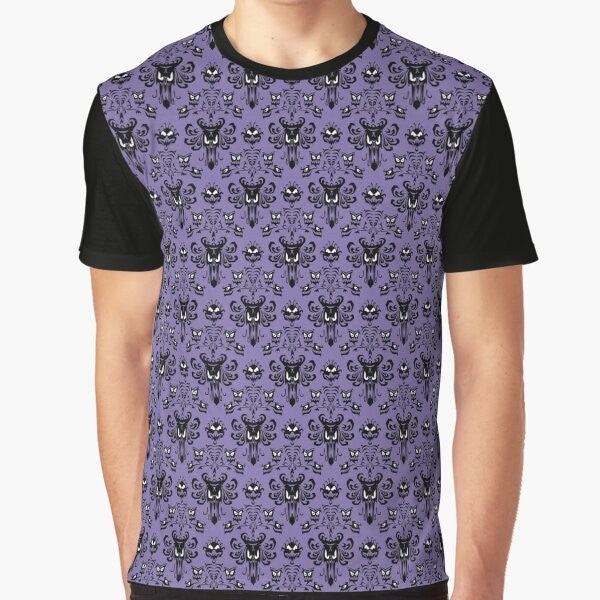 Haunted mansion wallpaper pattern printed on a graphic t-shirt