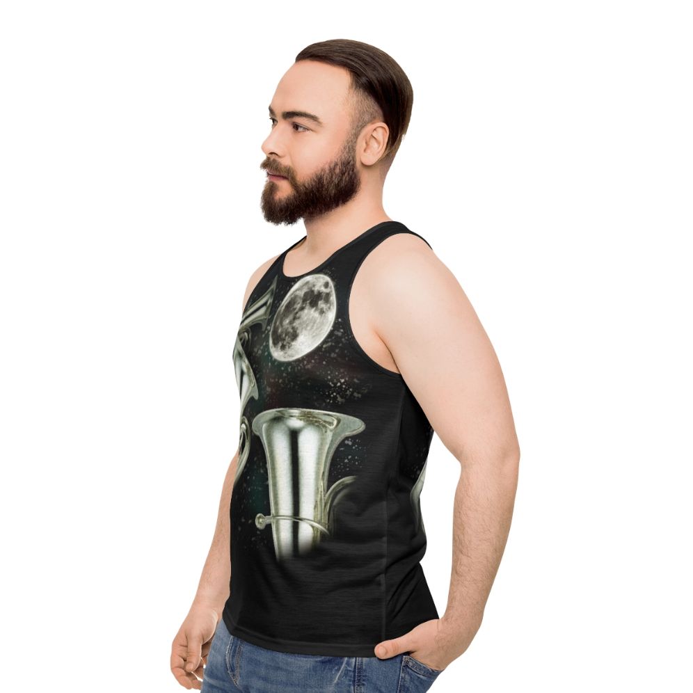 Unisex tank top with three-moon design and brass instruments - men side