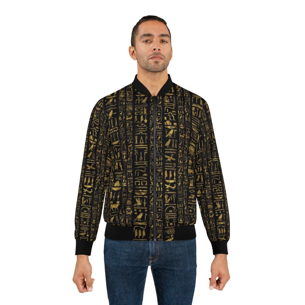 Vintage Egyptian hieroglyphs bomber jacket in black with gold accents - Lifestyle