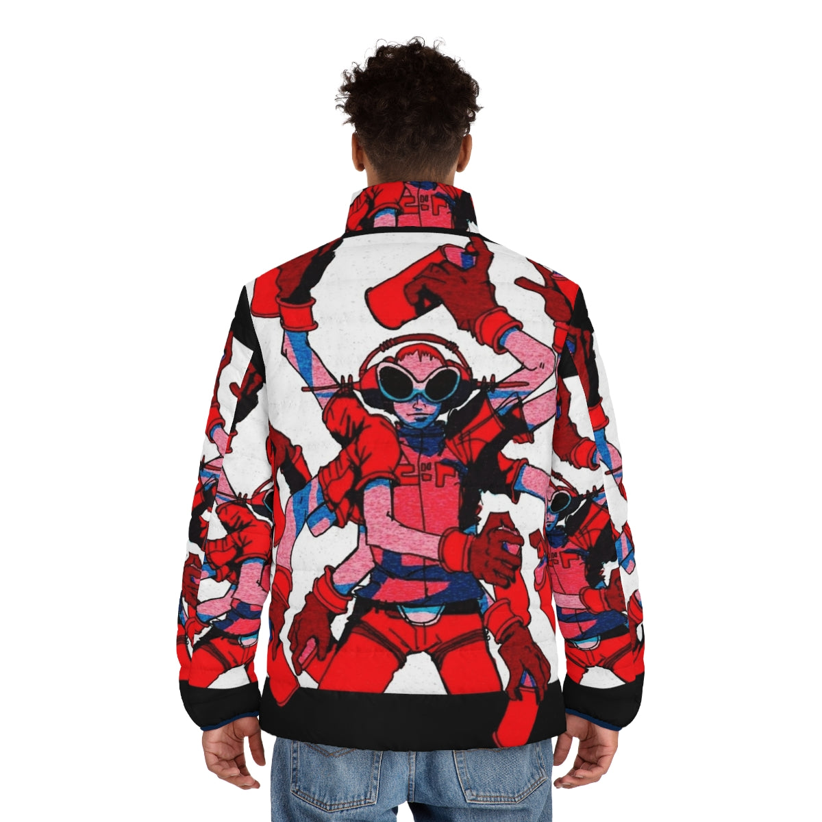 Jet Set Radio inspired puffer jacket with vibrant colors and retro gaming graphics - men back