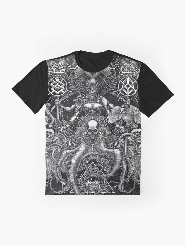 A striking black and white graphic tee featuring a surreal octopus skull design with occult and fantasy elements. - Flat lay