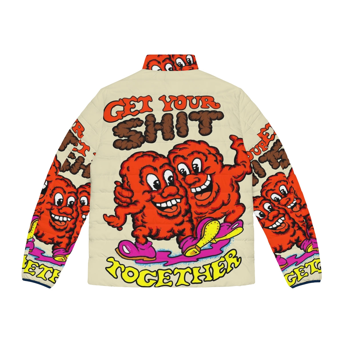 Retro 60s style puffer jacket with humorous "Get Your Shit Together" text - Back