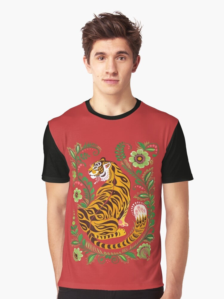 Vibrant tiger in folk art style graphic t-shirt - Men