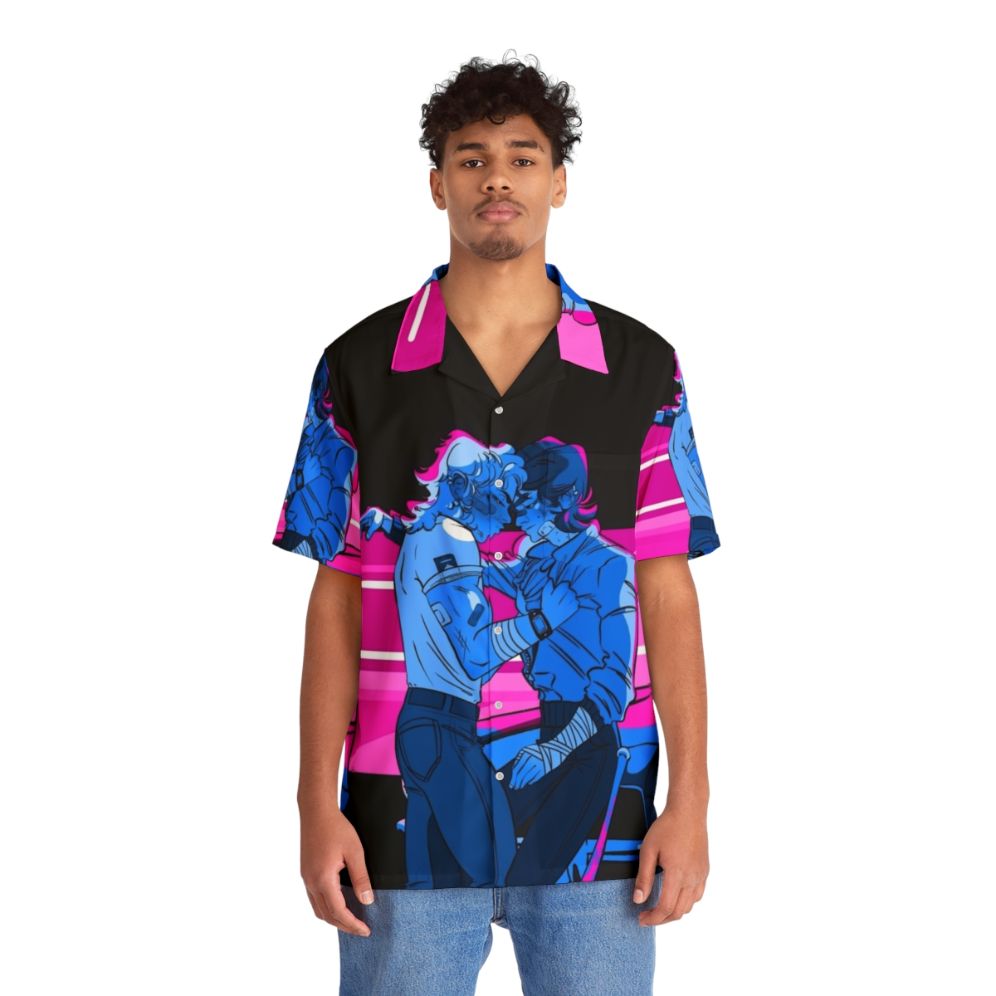 Vibrant blue hawaiian shirt with tropical floral patterns - People Front