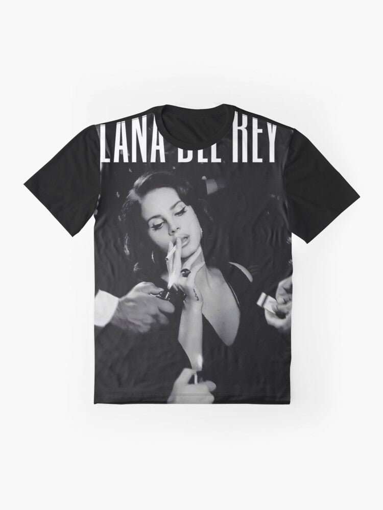 Black graphic t-shirt featuring the Lana Del Ray design - Flat lay