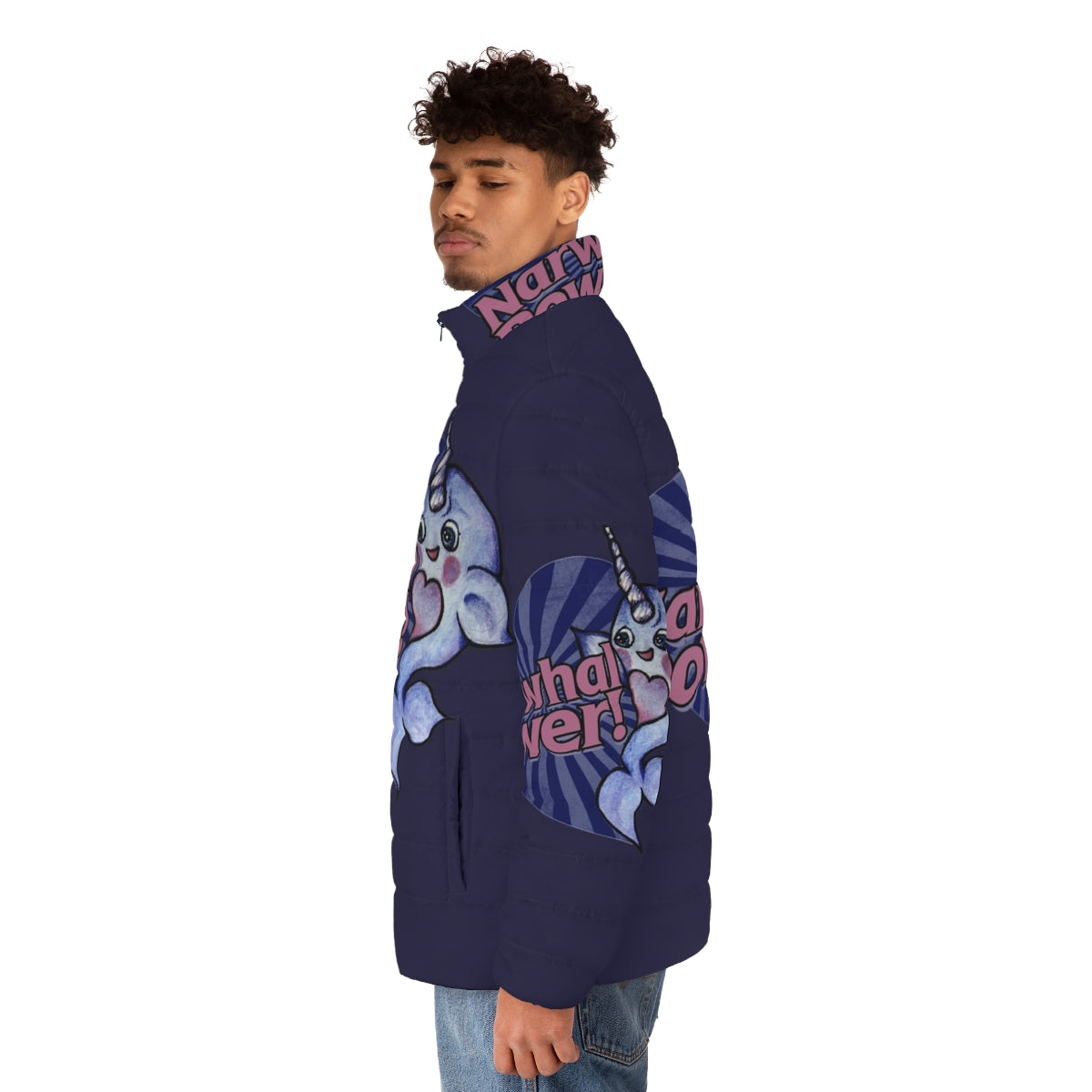 A cozy and stylish narwhal power puffer jacket in blue and purple - men side left