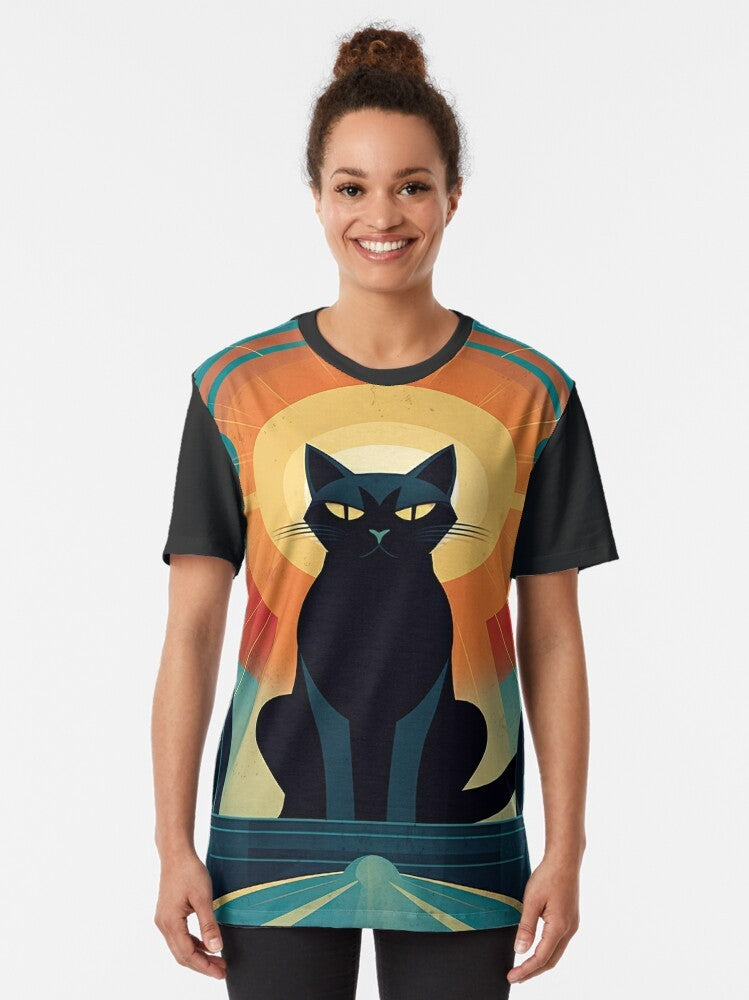 Vintage art deco cat graphic t-shirt with a glamorous, retro design - Women