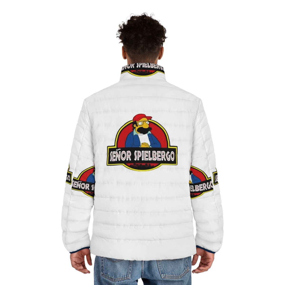 Mr Spielbergo Puffer Jacket, a humorous take on classic cartoon characters - men back