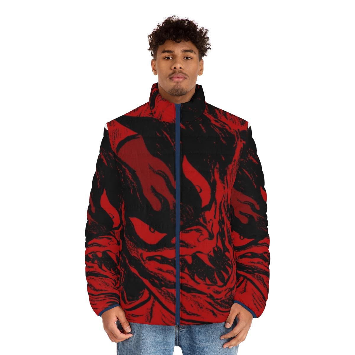 Devilman Crybaby Puffer Jacket featuring the iconic Devilman character from the Netflix anime series - men front