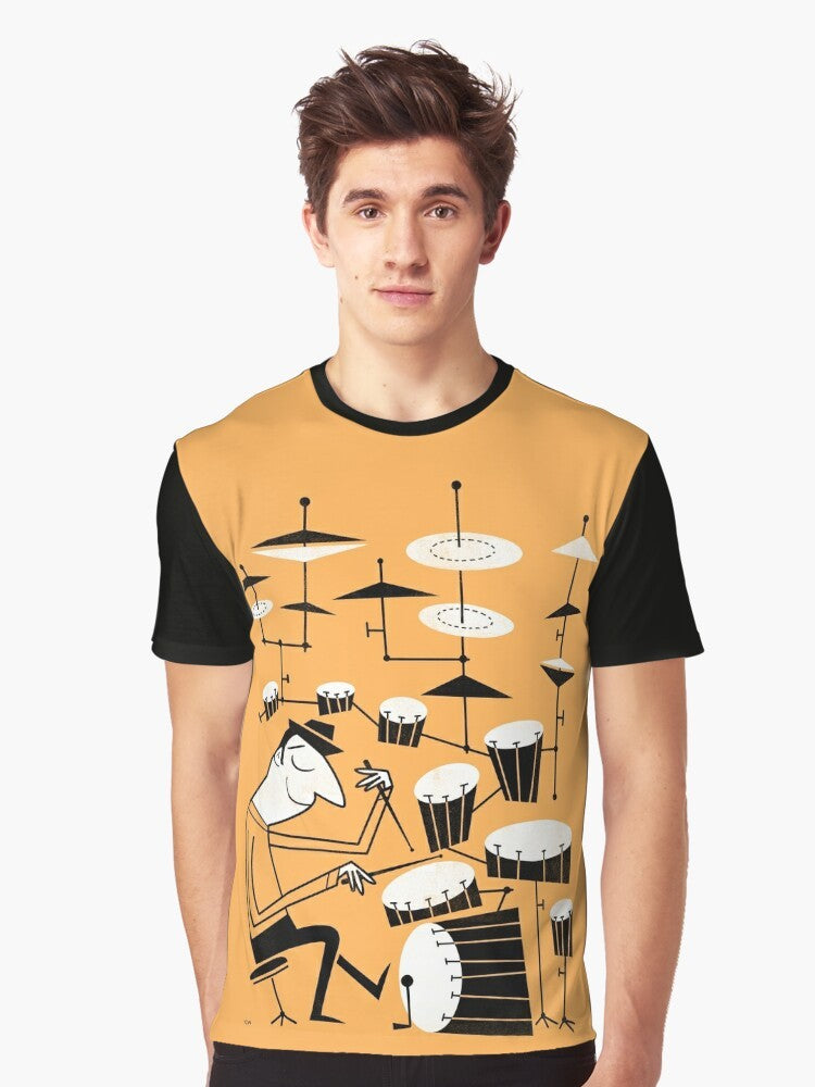 A vintage-style graphic t-shirt design featuring a drummer playing drums with a funky, musical "Beat the Drum" text. - Men