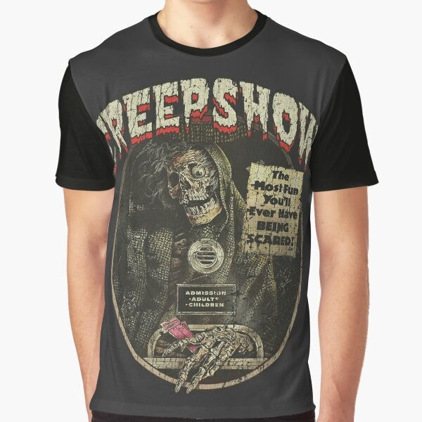 Creepshow 1982 horror movie graphic t-shirt featuring a spooky skeleton and classic 1980s horror design