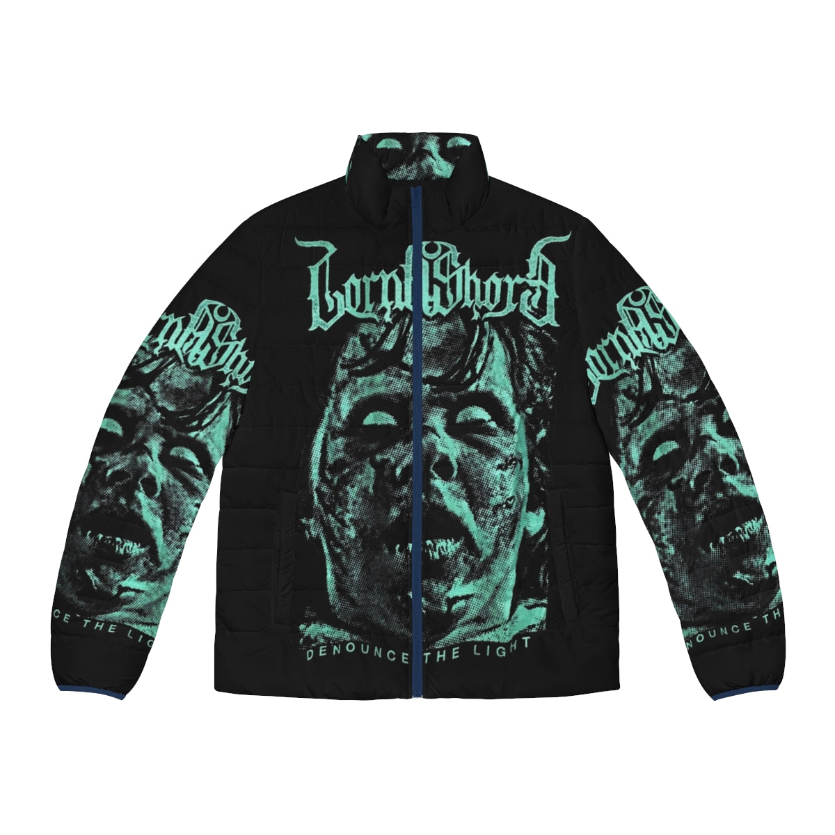 Lorna Shore "Looking At The Sky" Puffer Jacket featuring the band's logo and artwork