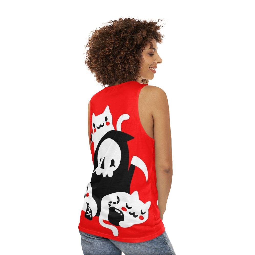 Unisex tank top with a graphic design featuring cats, skulls, and the Grim Reaper - women back