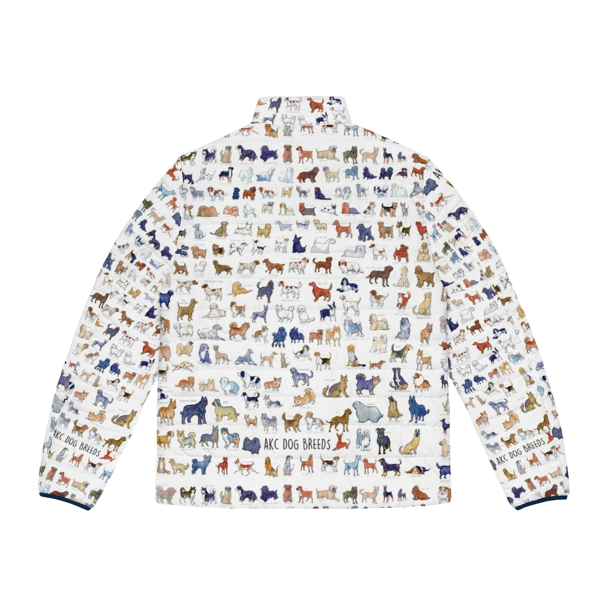 Puffer jacket featuring watercolor illustrations of all American Kennel Club dog breeds - Back