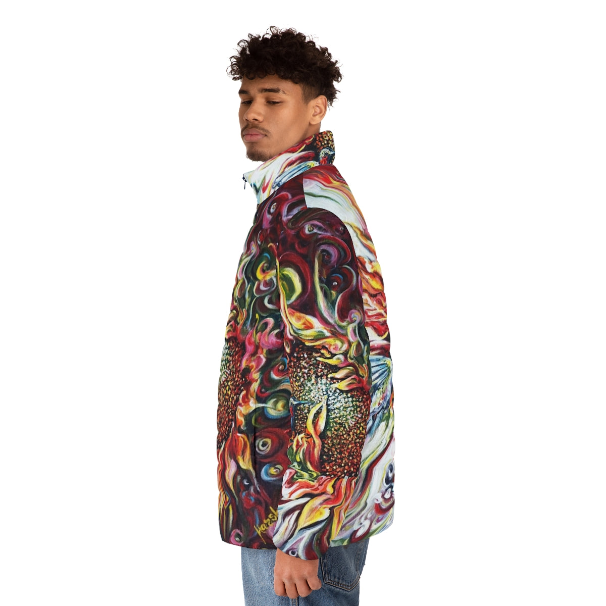 Sunflowers and hummingbird puffer jacket, a nature-inspired and colorful outerwear option - men side left