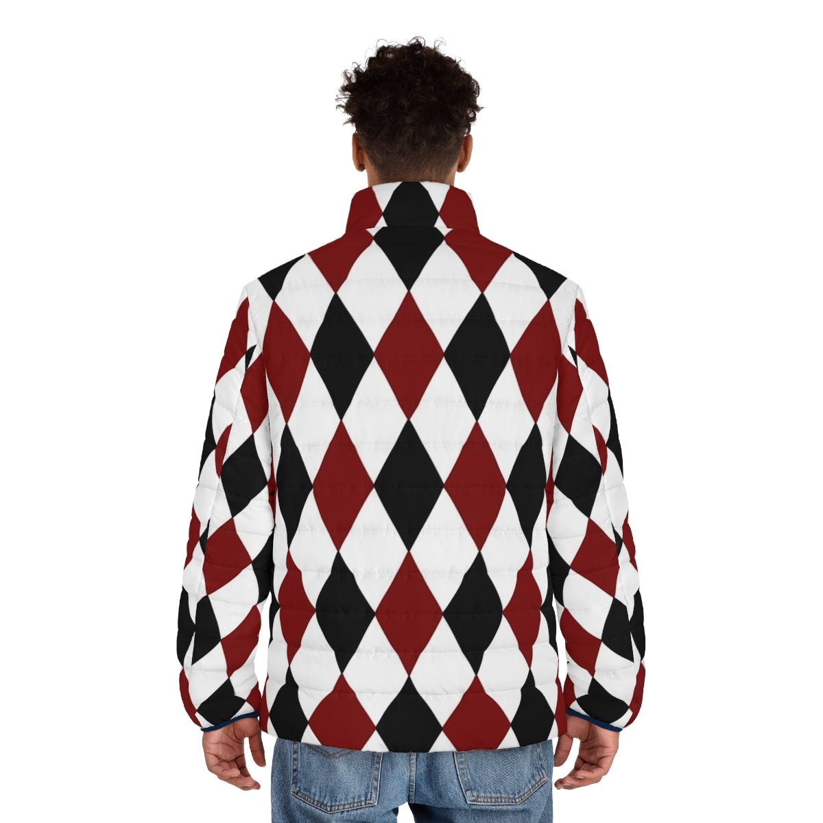 Black, white, and red harlequin puffer jacket with a classic diamond pattern design - men back